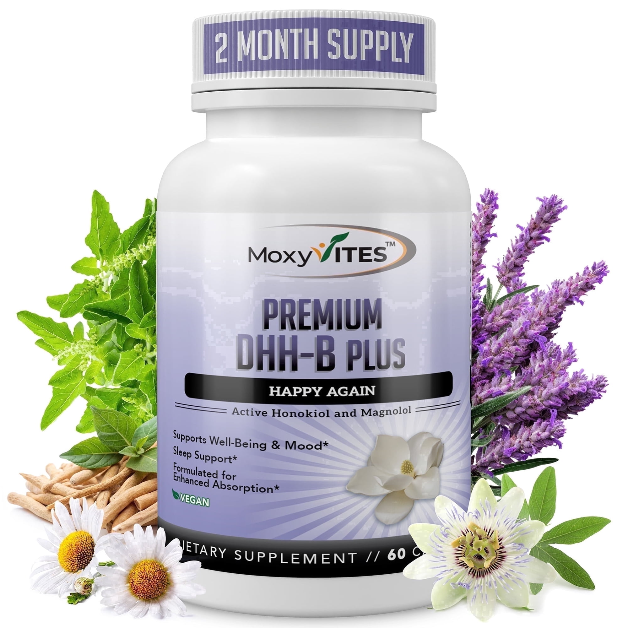 MoxyVites DHH-B Plus 7.5mg Magnolia Bark Ashwagandha Calm Support, 60 Capsules