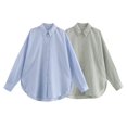thumbnail image 2 of HH TRAF Blusa de mujer de verano a la moda de lino con cuello vuelto, camisa holgada a rayas de mezcla, camisas casuales con solapa y botonadura sencilla, 2 of 4