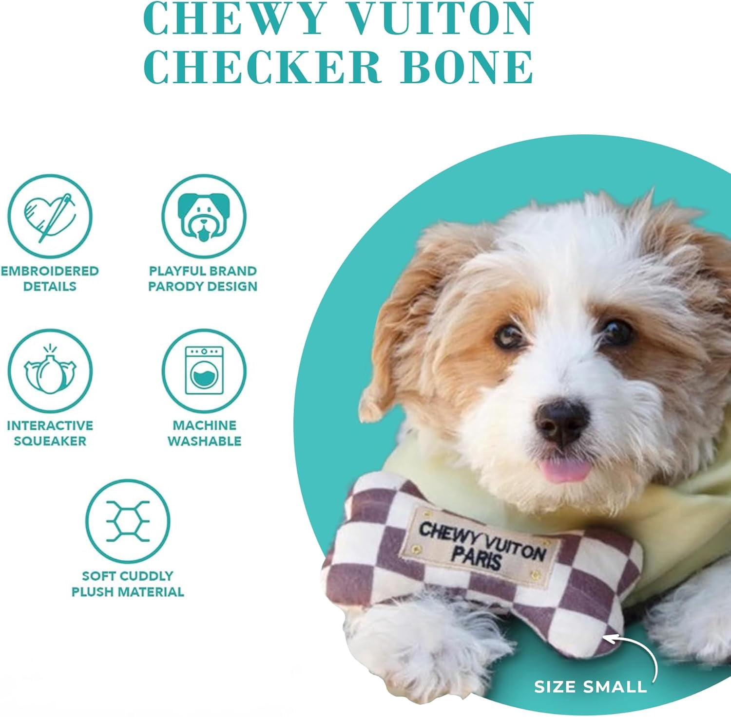 Haute Diggity Dog Checker Chewy Vuiton Bone, Plush Dog Toy with Squeaker, Machine-Washable, for All Breeds, Size Extra Large