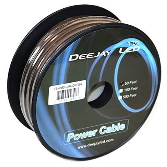 DEEJAYLED Eight-Gauge 50 Foot Black Pure Copper Stranded Power Cable Content Oxygen Free Copper Stranded Wire Style With Thick Black Outer Jacket Power Rating DEEJAY LED TBH850BLKCOPPER