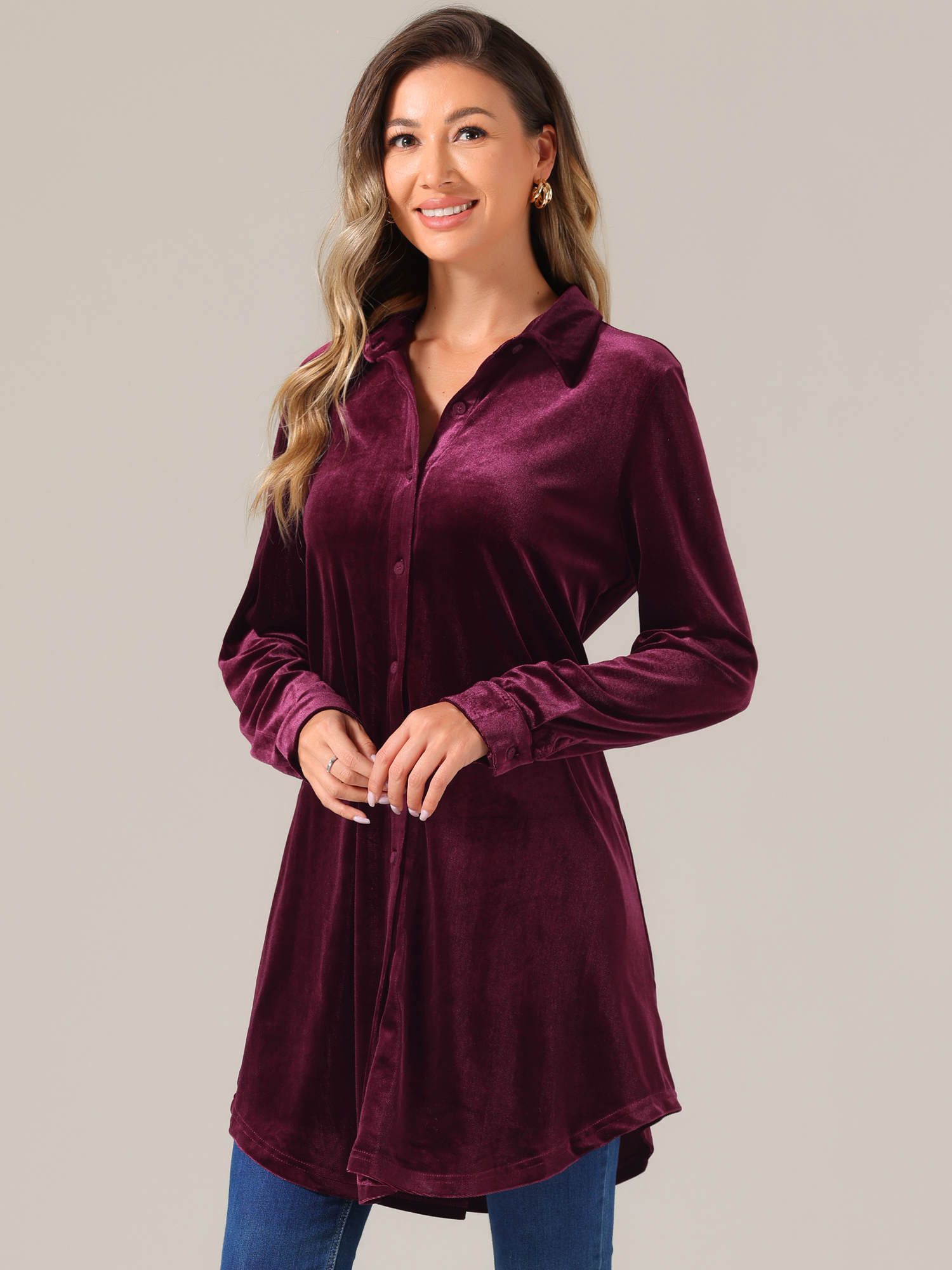 DARING DIVA Women's Velvet Tunic Tops Casual Long Sleeve Shirt Dress Dark Purple Red XS