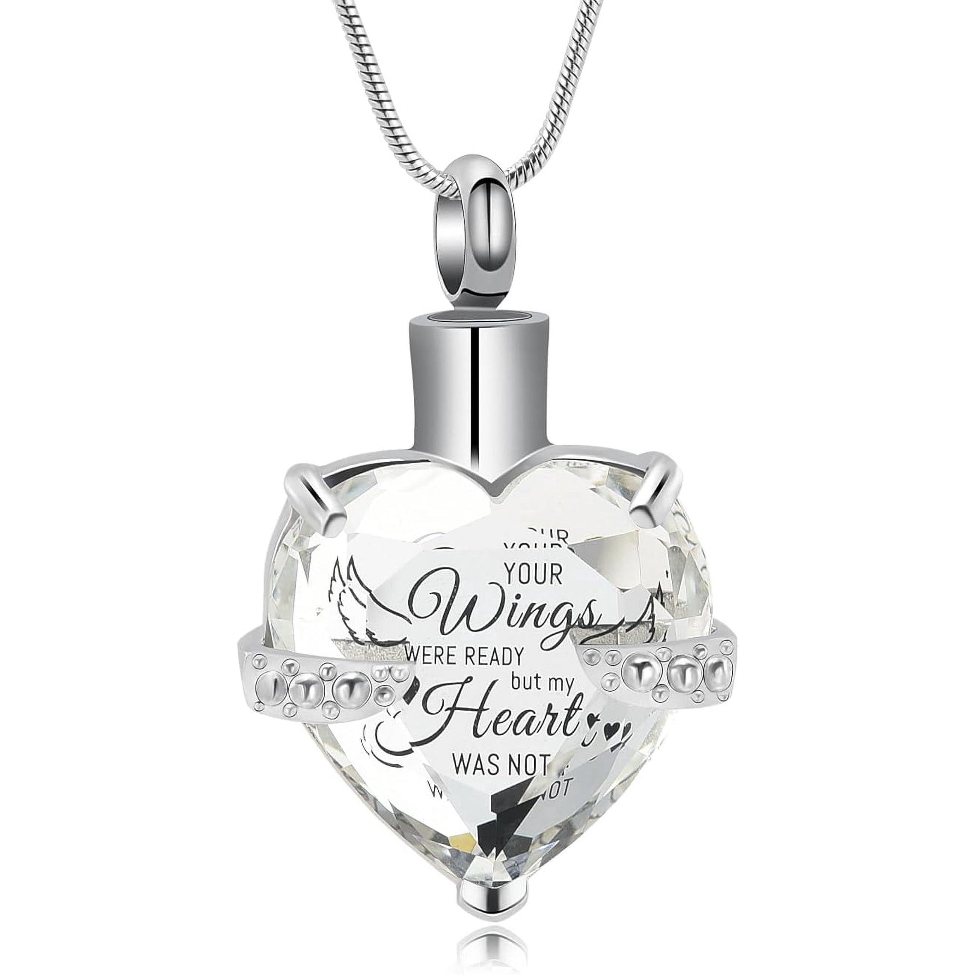 Crystal Heart Cremation Jewelry Angel Wing Heart Urn Necklaces for Ashes Memorial Keepsake Pendant for Women Men Stainless Steel Memorial Keepsake Pendant