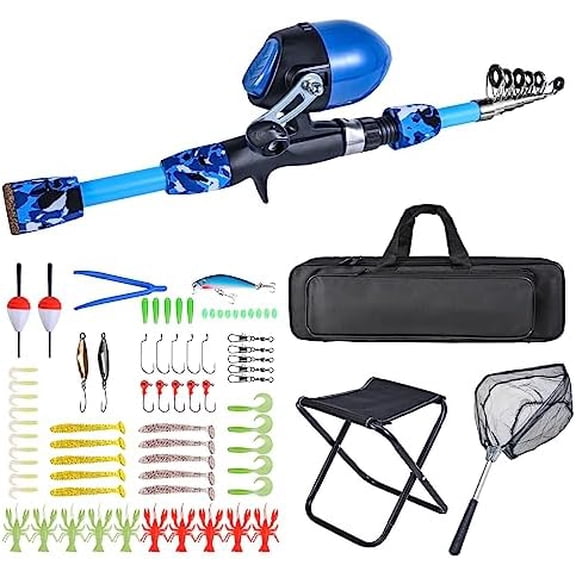 Kids Fishing Rod and Reel Combo with Collapsible Fishing Stool Landing Net Telescopic Fishing Pole Tackle Box Accessories for Boys and Girls$$Sport & Recreation Other