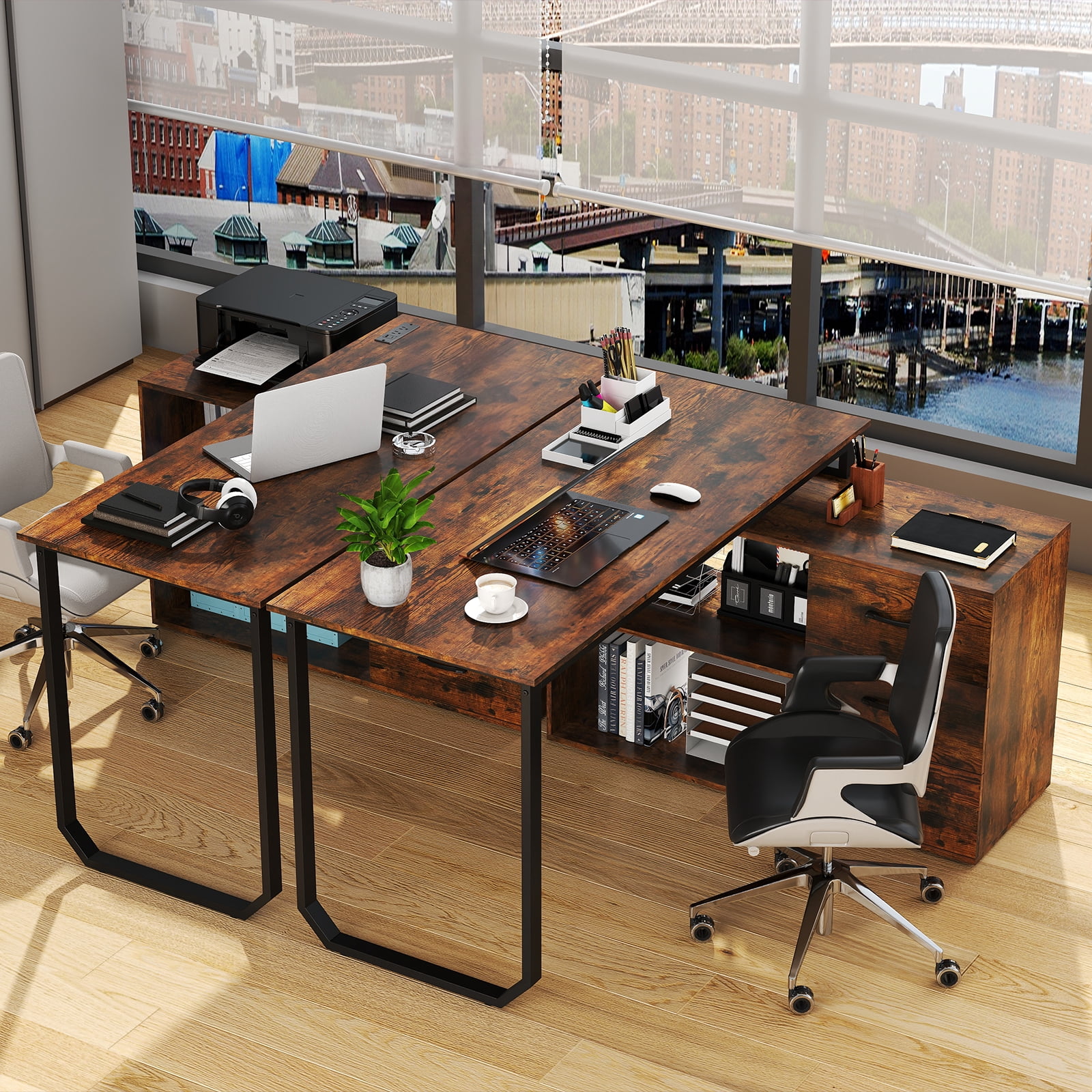 Costway L-Shaped Desk with Power Outlet 55" Reversible Computer Desk with 3 Drawers Rustic Brown & Black
