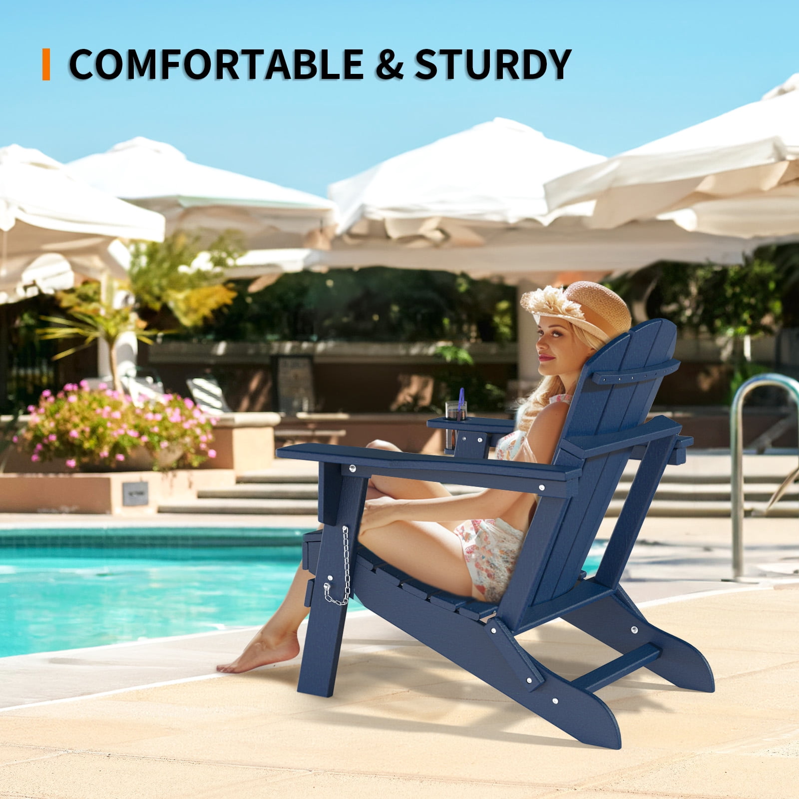 Ktaxon HDPE Adirondack Chairs, Folding & Cup Holder Adirondack Chairs, All Weather Waterproof for Outdoor Patio Garden Pool Lawn Firepit (Blue)