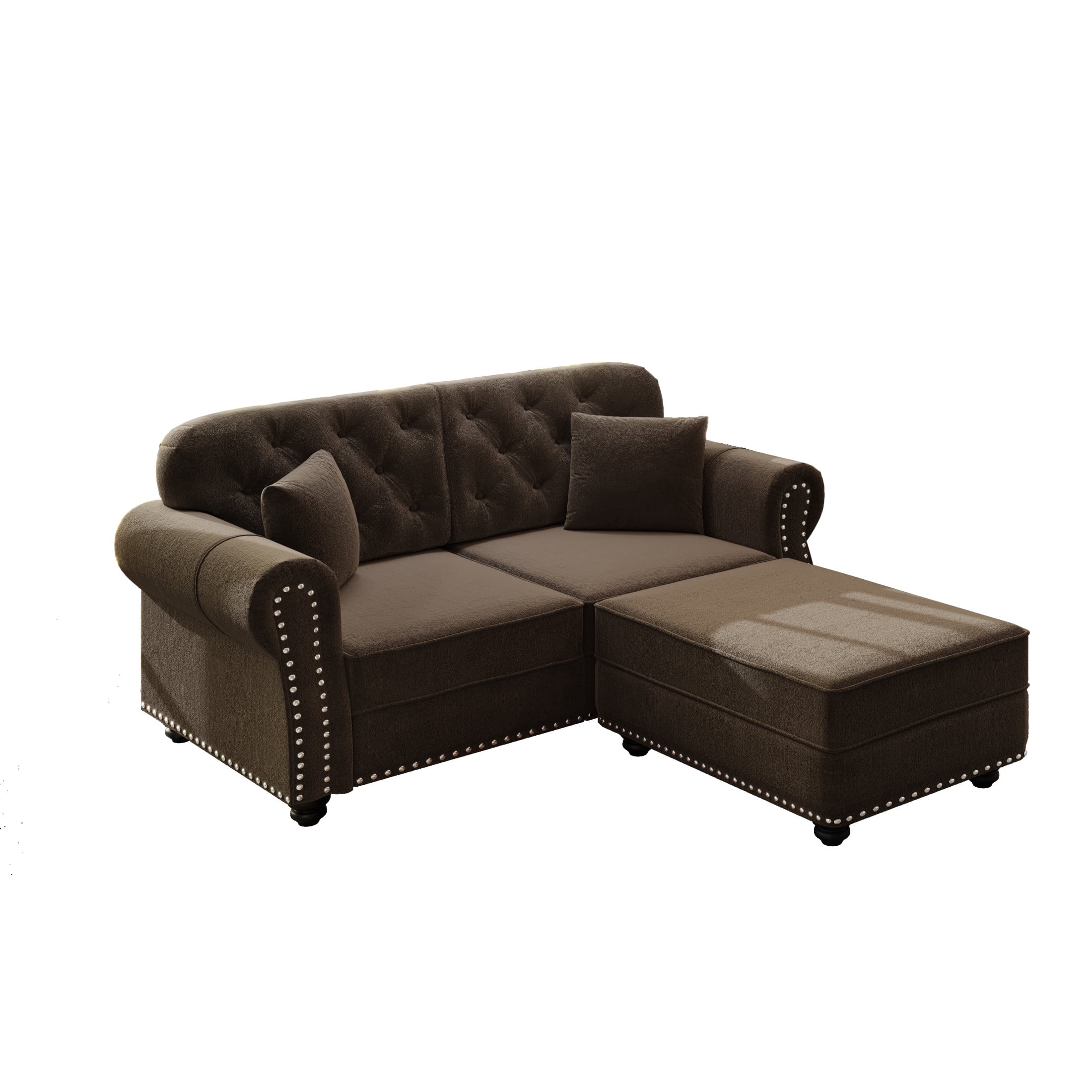 Noble House Kieran 2-Seater Velvet Chesterfield Sofa, Modern Tufted Armchair with Nailhead Trim and Ottoman, Brown