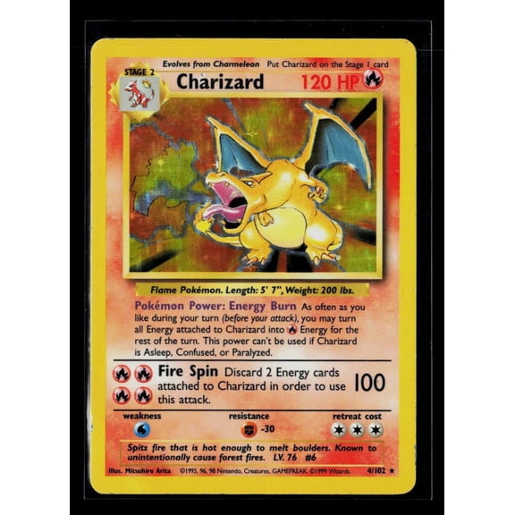 Collectible 1999 Base Set Charizard Holo Rare #4/102 Pokemon Card English Heavily Played