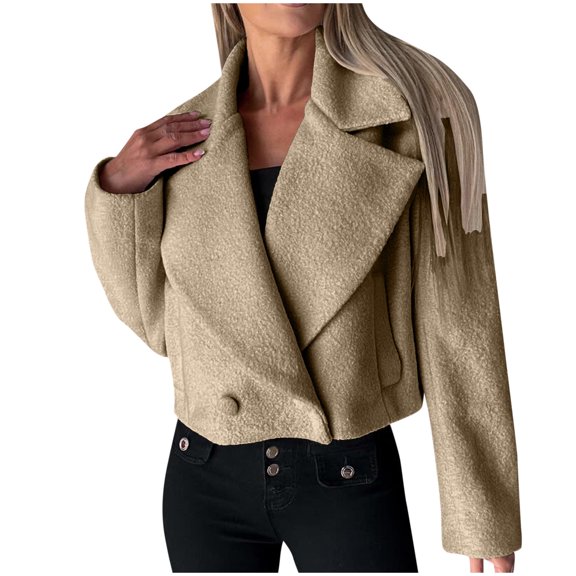 ZQUUVOU Women's Cropped Fleece Coat Notch Lapel Fall Winter Button Down Jacket Long Sleeve Plain Color Outerwear Khaki