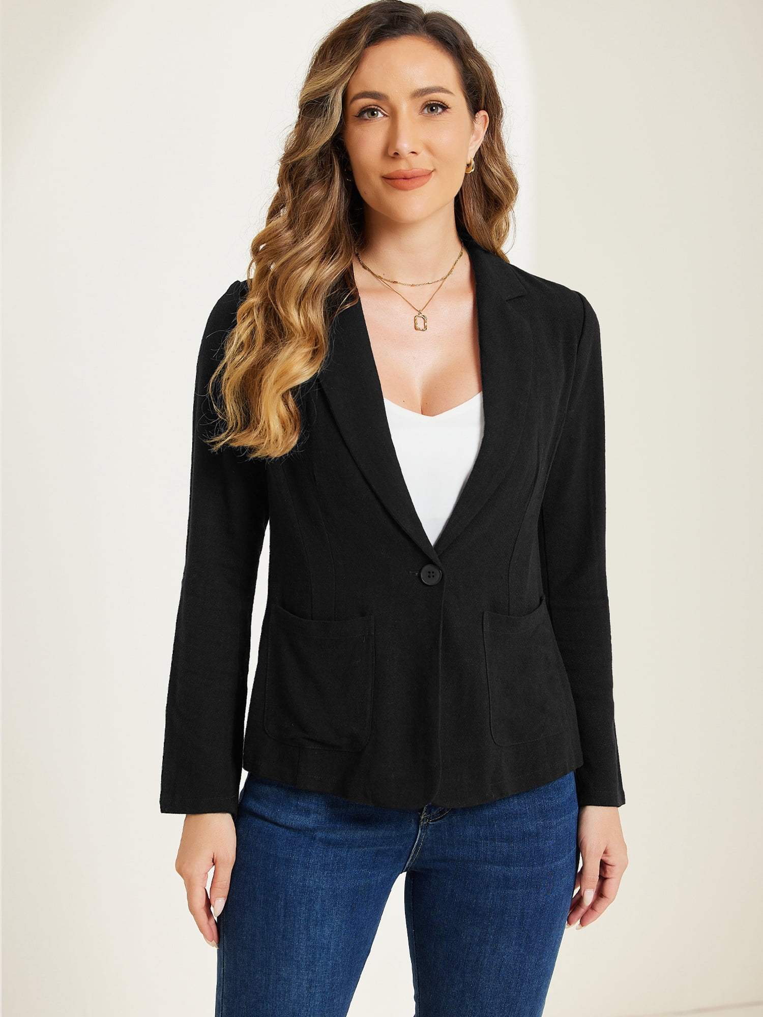 DARING DIVA  Women's Notch Lapel One Button Linen Blazer S Black