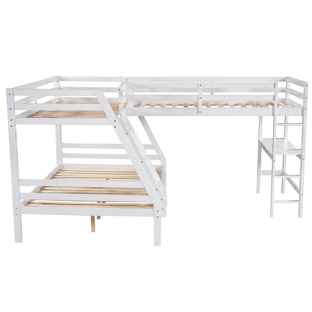 Kadyn Triple Bed Twin-Over-Twin-Over-Full Bed L Shaped Bunk Bed with Built-in Desk, White