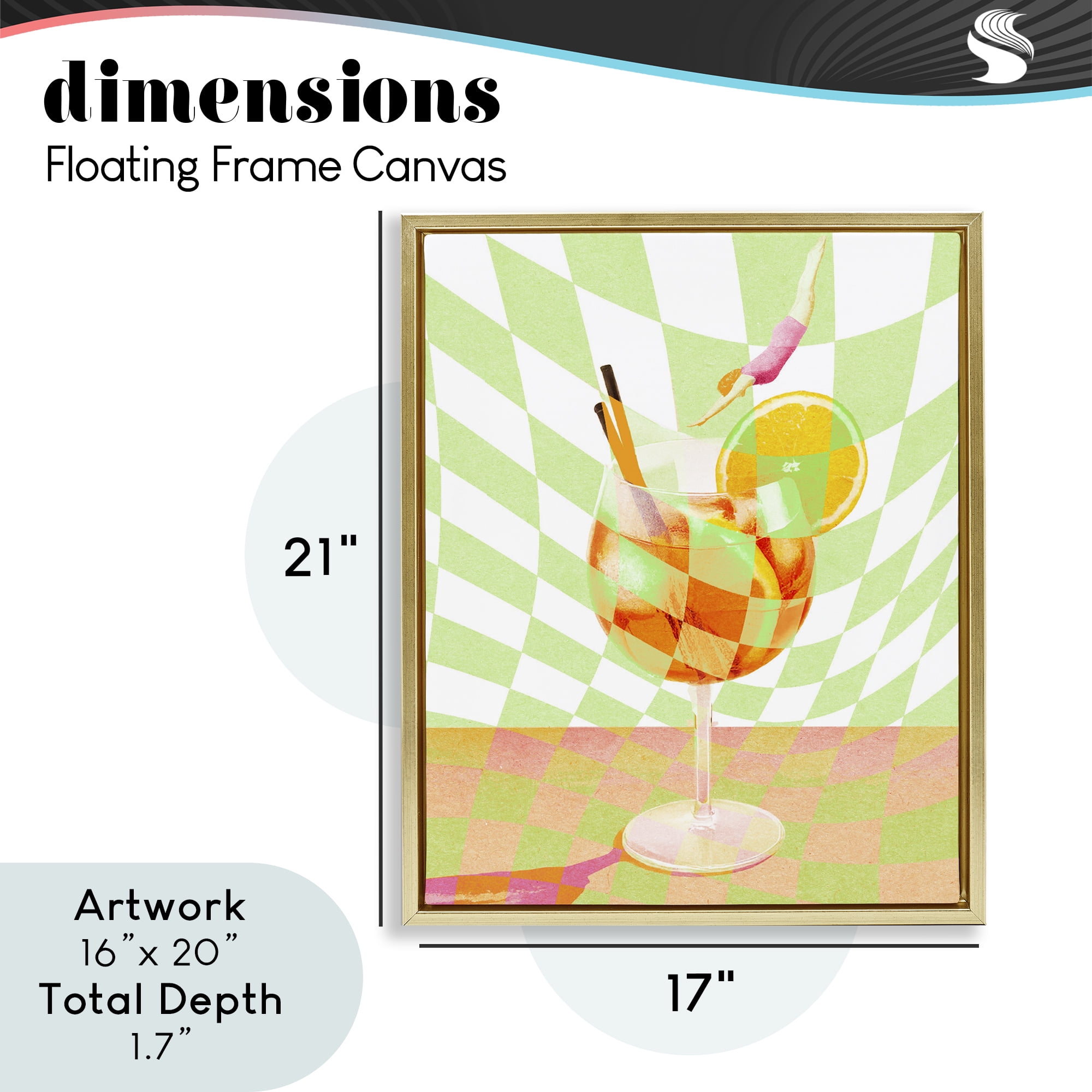 Retro Swimmer Summer Cocktail Gold Framed Floater Canvas Wall Art, design by Lil' Rue