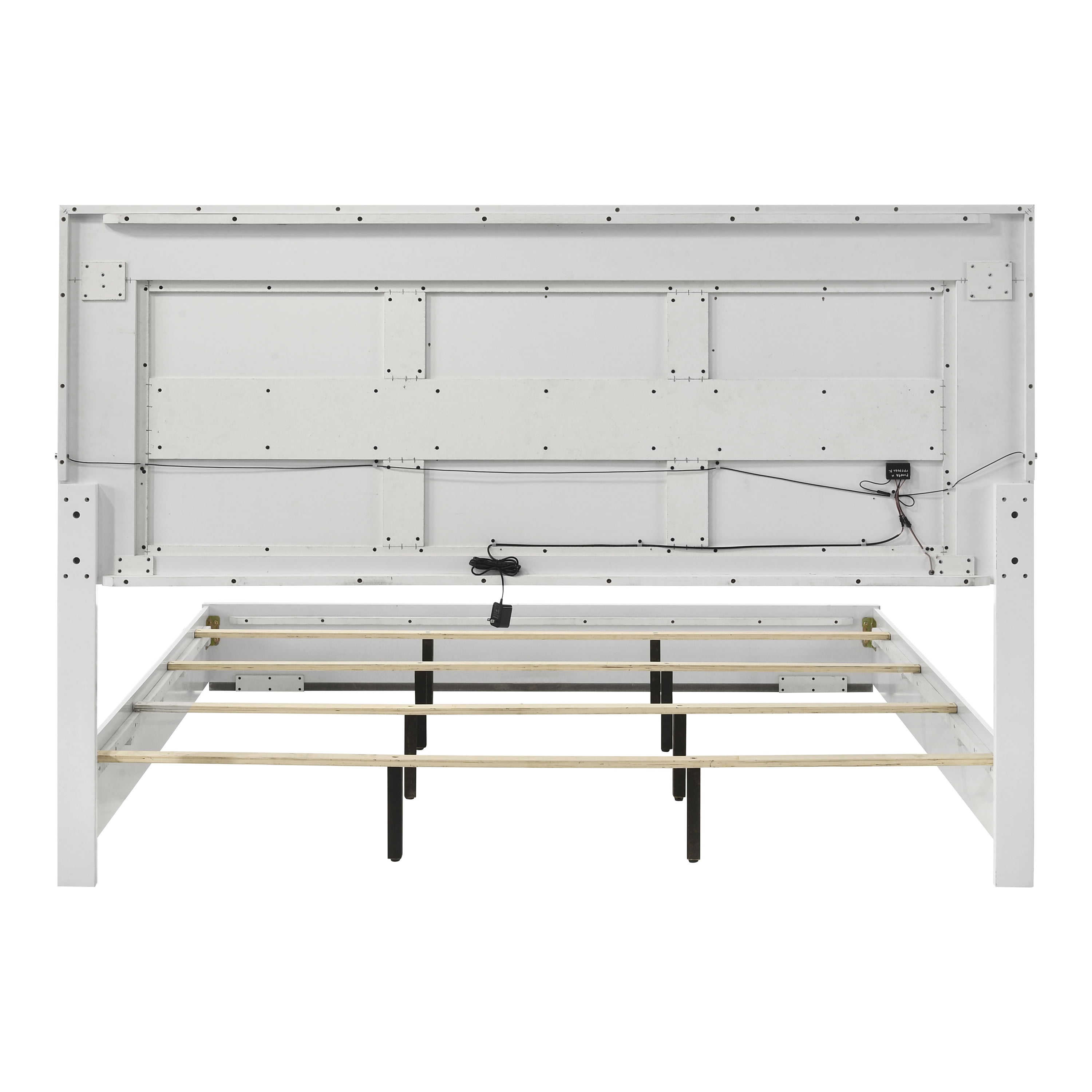 Furniture of America Wellan Adult King Solid Wood Panel Bed with LED Light, White