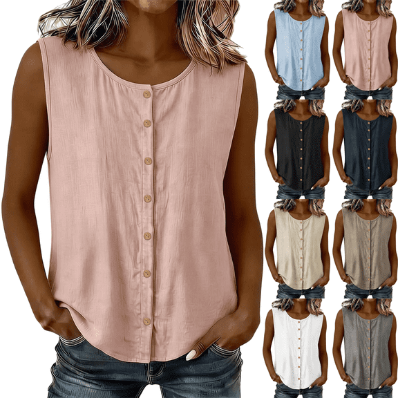 Womens Sleeveless Button Down Shirts Casual Solid Color Blouses Breathable Summer Crewneck Tank Tops,Sizes S-2XL