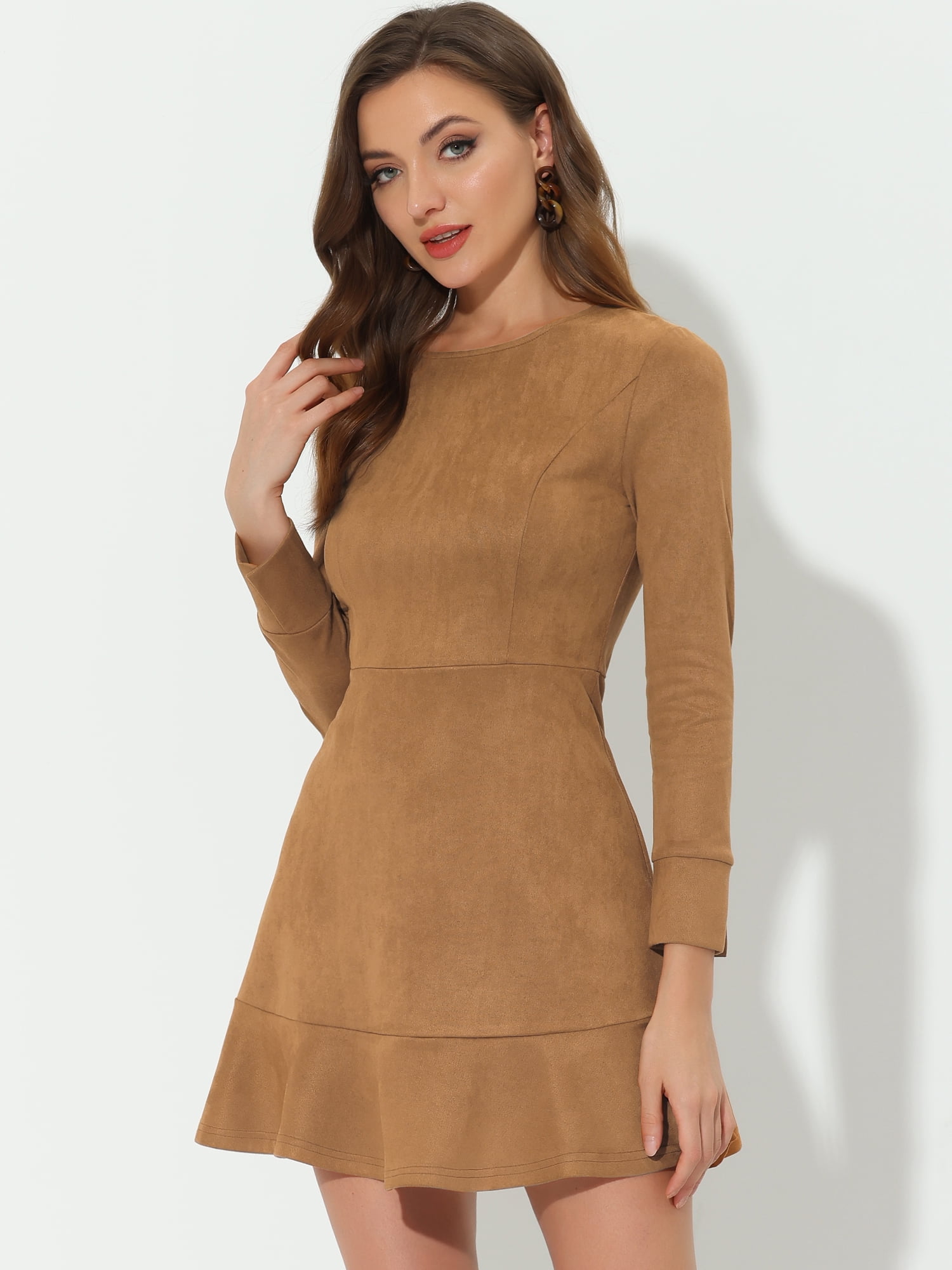 Unique Bargains Women's Faux Suede Ruffle Hem Long Sleeve Mini Dresses XS Brown