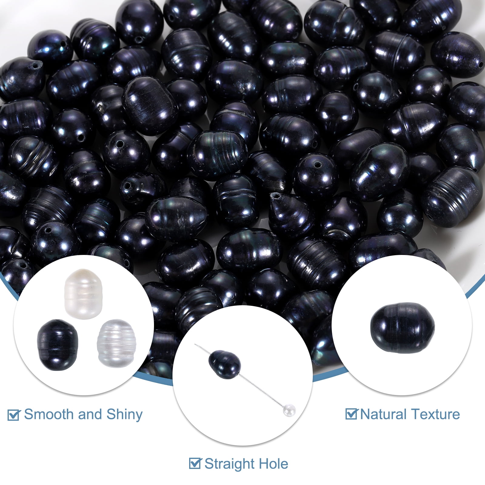 Uxcell 100 Pcs Natural Freshwater Pearl Beads, 8-9mm Oval Rice Shape Loose Gemstone Pearls 0.8mm Hole for Leather Cord Beading Jewelry Making DIY Craft, Black