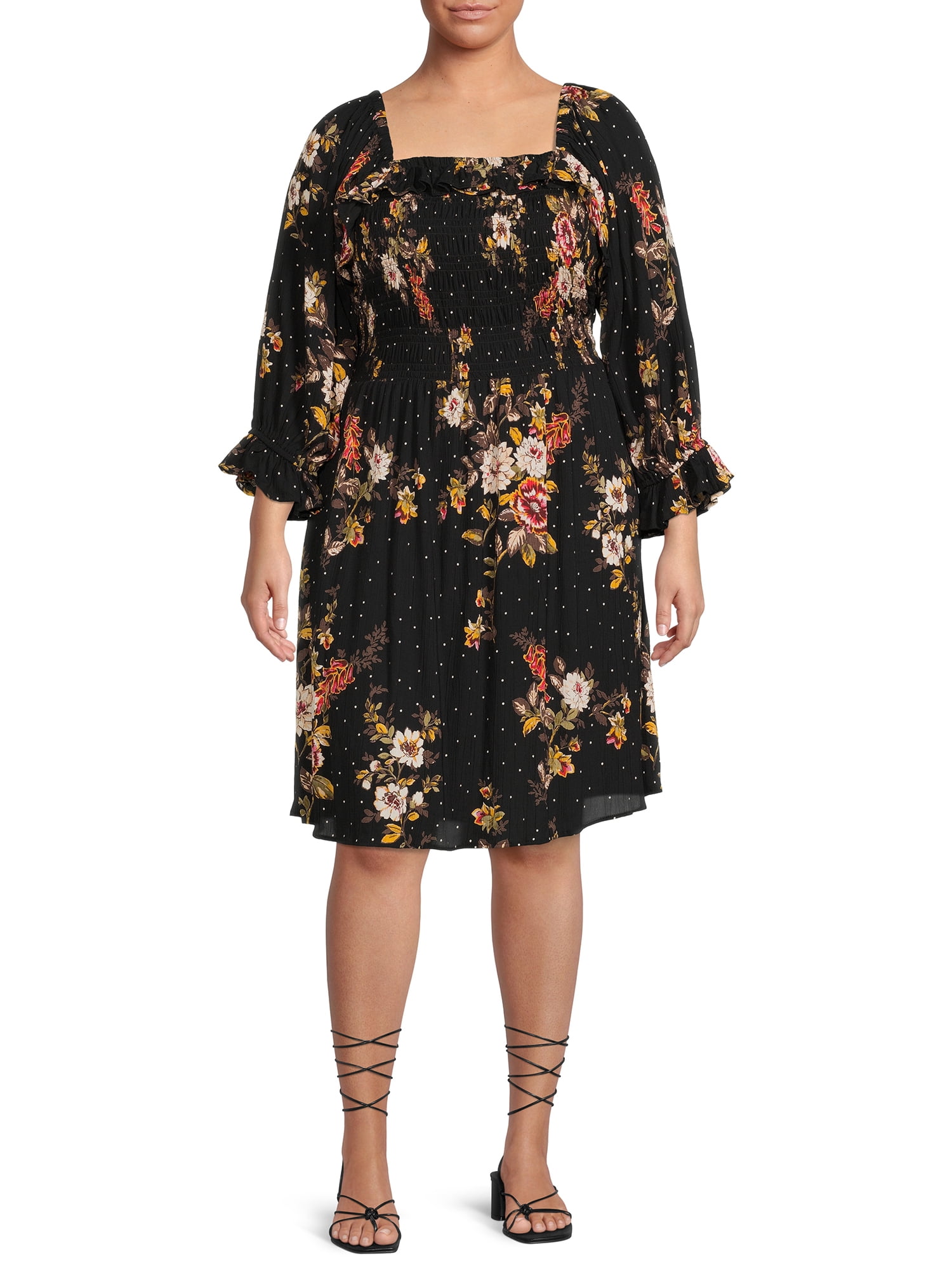 Plus Size Smocked Square Neck Dress 