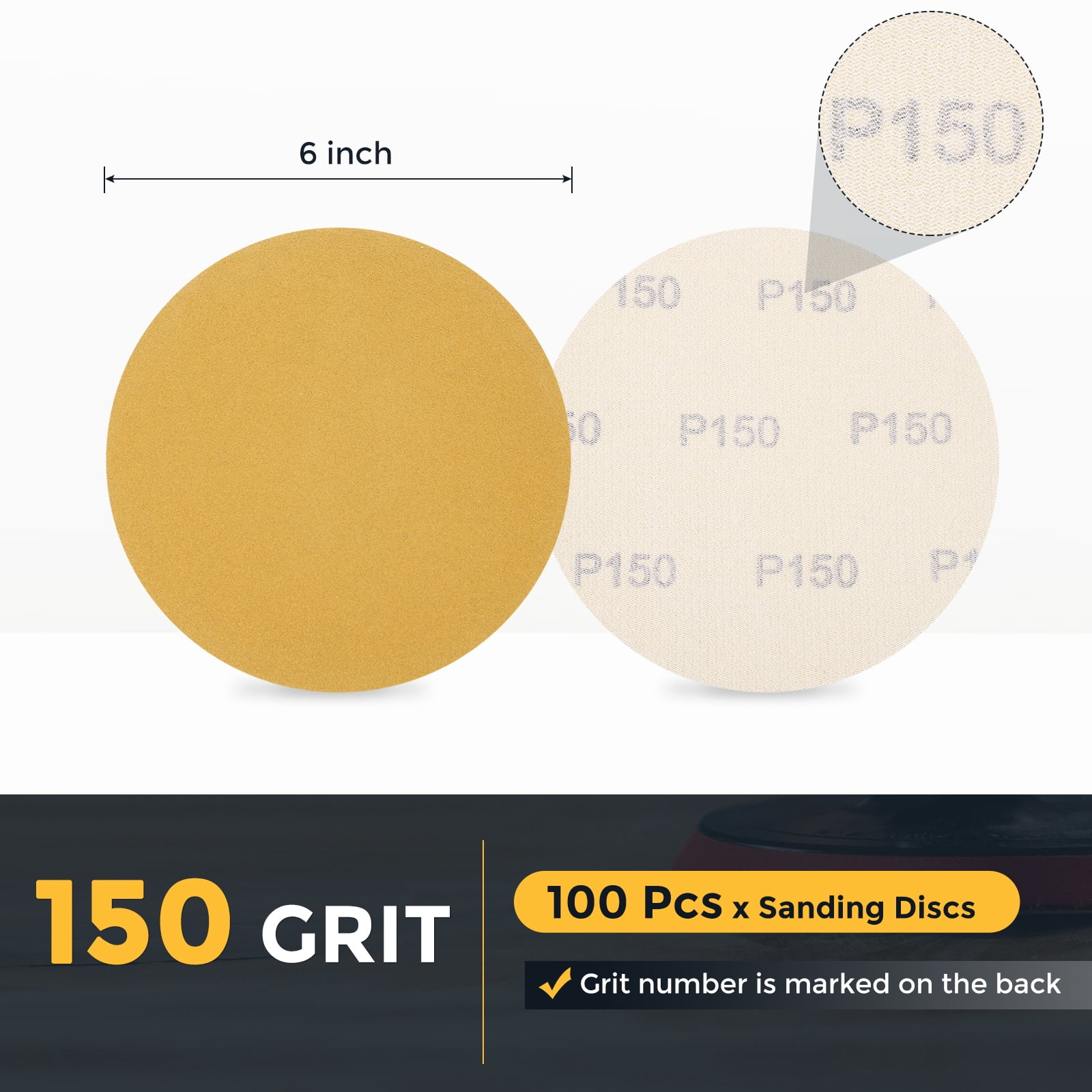 100 Pcs 6 Inch Sanding Disc 150 Grit Hook and Loop Sandpaper Random Orbital Sander Pads for Woodworking Automotive, Gold