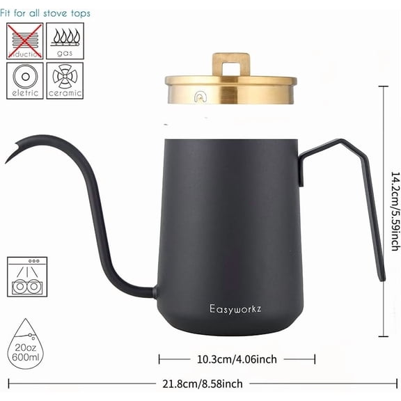 Easyworkz Gooseneck Pour Over Coffee Kettle 20 oz Stainless Steel Hand Drip Coffee Pot With Long Narrow Spout, Rose Gold Black