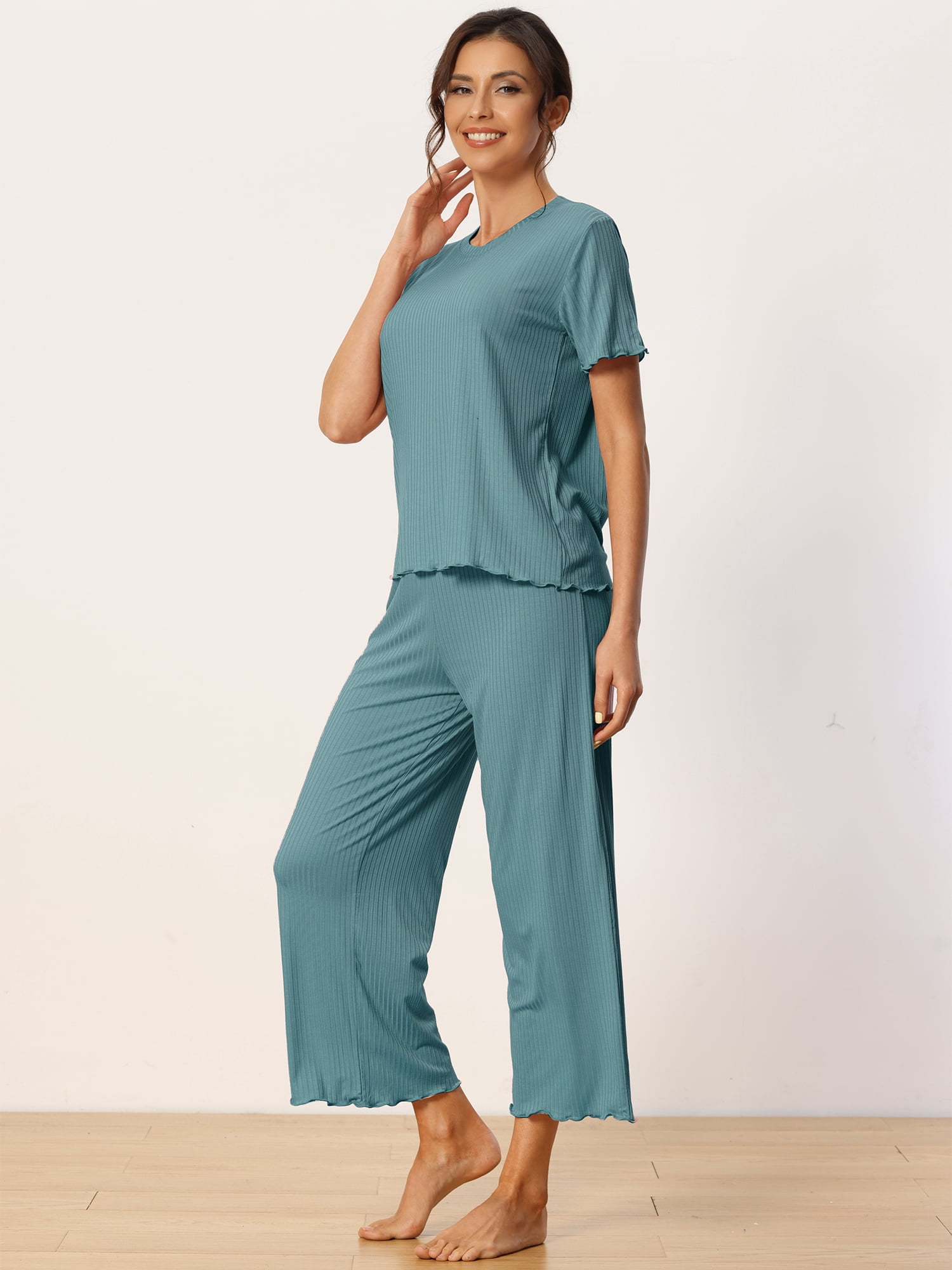 DARING DIVA Women's Ribbed Knit Round Neck Short Sleeve Pajamas Set XL Lake Blue