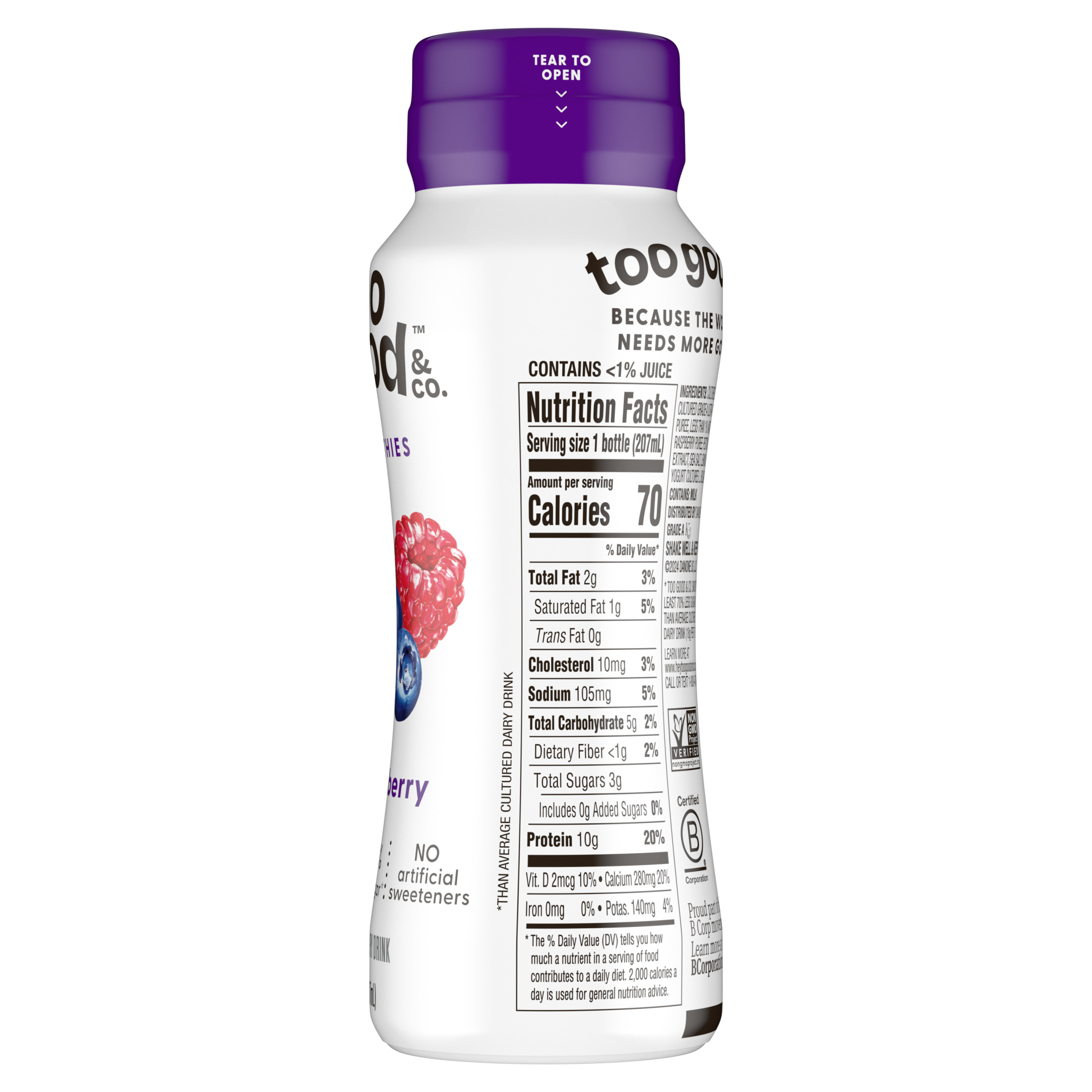 Too Good & Co. Mixed Berry Smoothie, Yogurt-Cultured Dairy Drink, Lower Sugar, 7 fl oz Bottle