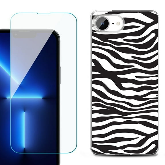 For For iPhone 16e Phone Case Cover, Shockproof Case with Tempered Glass Screen Protector, by OneToughShield - Zebra B/W