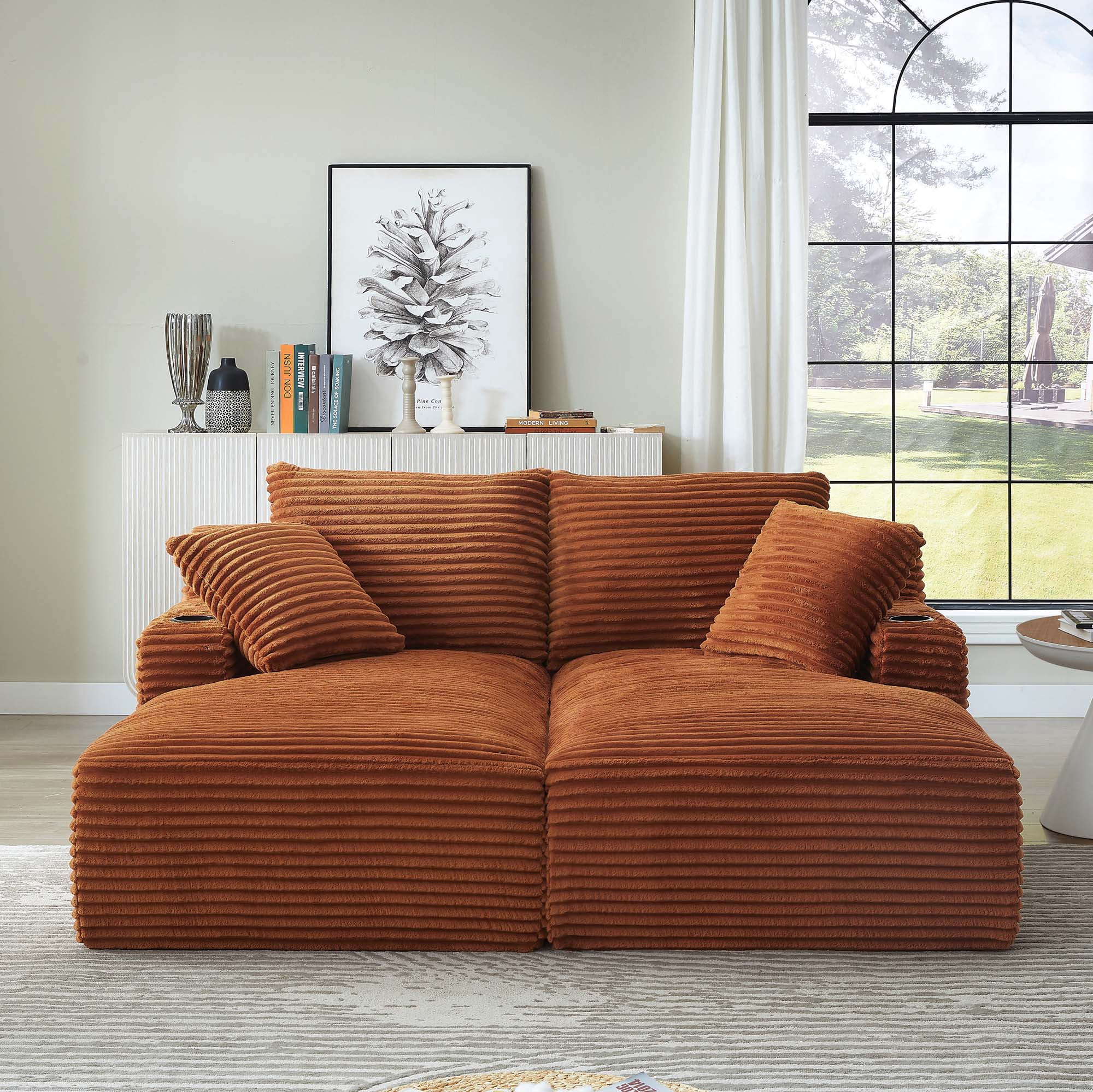 Miniyam Orange Compressible Double Chaise Lounge with Cupholders, Fluffy Modern Sleeper Loveseat for Living Room Bedroom