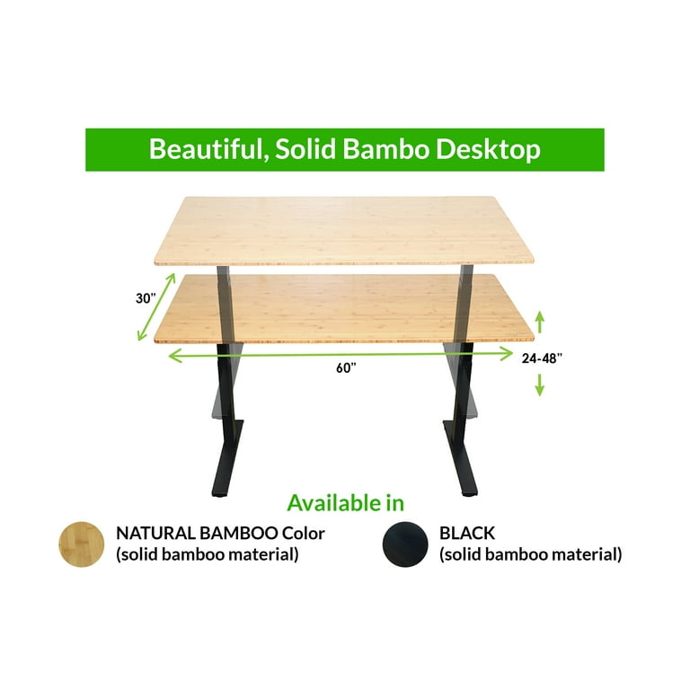 Rise Up Dual Motor Electric Standing Desk 60x30 Black Bamboo Desktop Ergonomic Adjustable Height Sit Stand Home Office Computer Table Motorized Powered Modern Furniture Small Standup Com Dual Motor Electric Standing Desk 60x30, Adjustable Height Desk Dimensions