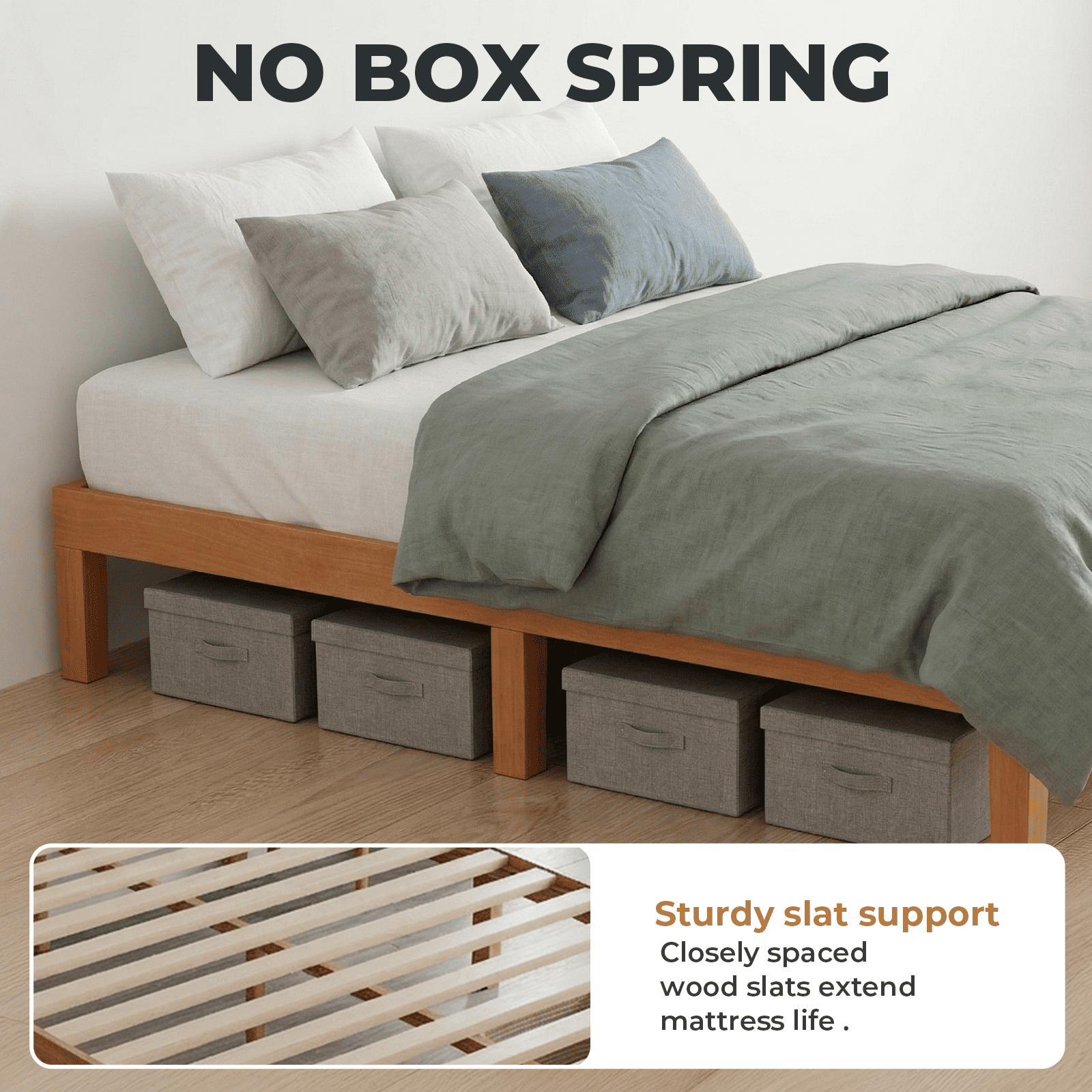 Alvantor Solid Wood Platform Bed Frame, Natural Pine, No Box Spring Needed, Underbed Storage – Twin, Full, Queen, King