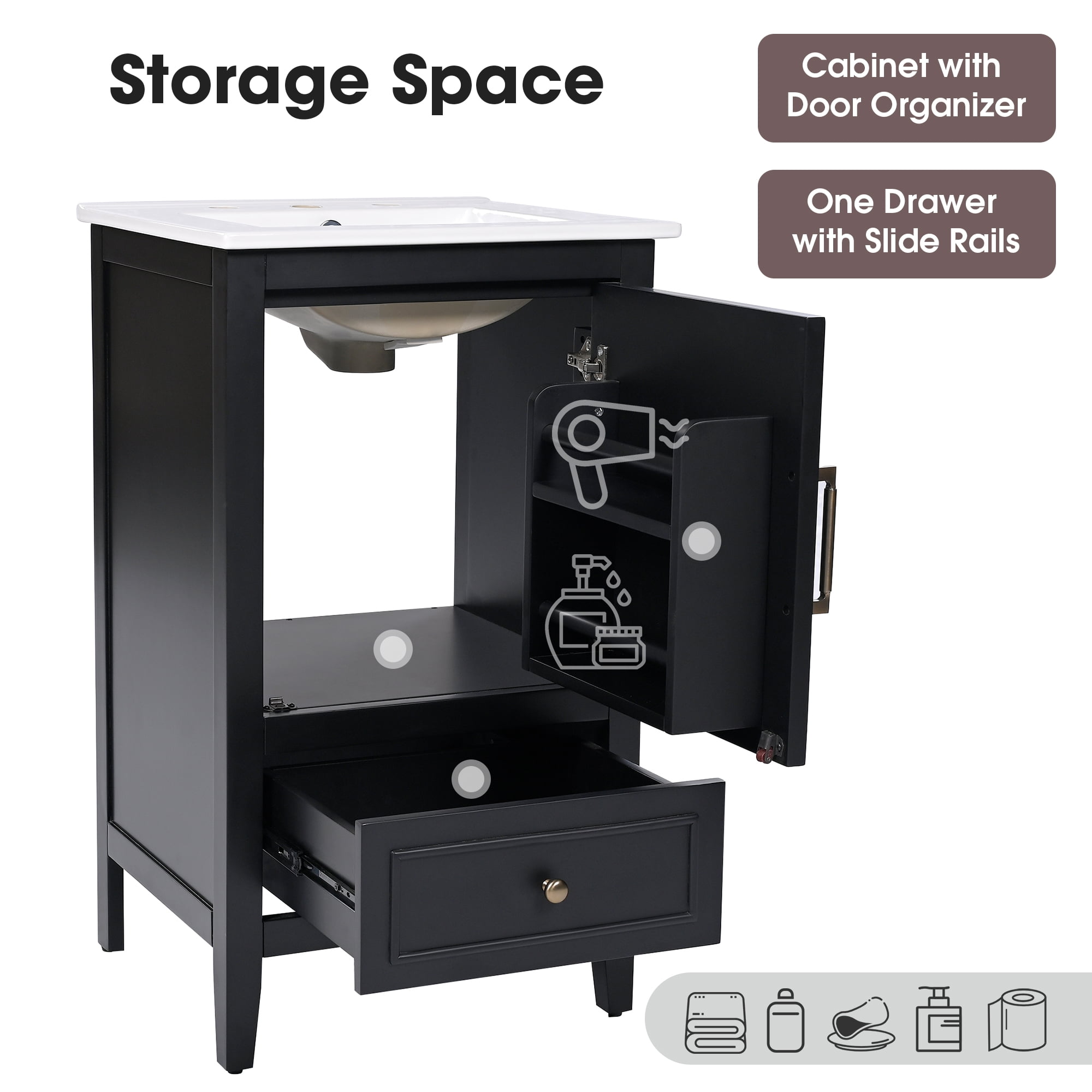 20" Bathroom Vanity with Sink, Black Vanity Cabinet with Storage Drawer & Door, Semi-Lune Ceramic Basin, Adjustable Feet for Small Bathroom