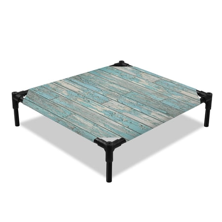 Vintage Wood Grain Elevated Dog Bed Blue and Gray Distressed Board Texture Cooling Breathable Outdoor Raised Dog Cot Bed with Metal Frame Non-Slip Feet for Small Dog 20x20in