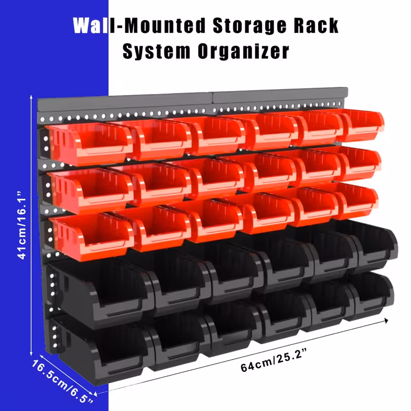 Wall-Mounted Storage Rack System with Bins and Brackets - 30 Pcs Heavy Duty Garage & Workshop Tool Organizer, Stackable for Screws, Nuts, Bolts, Nails, Beads & Small Hardware, Easy Installation