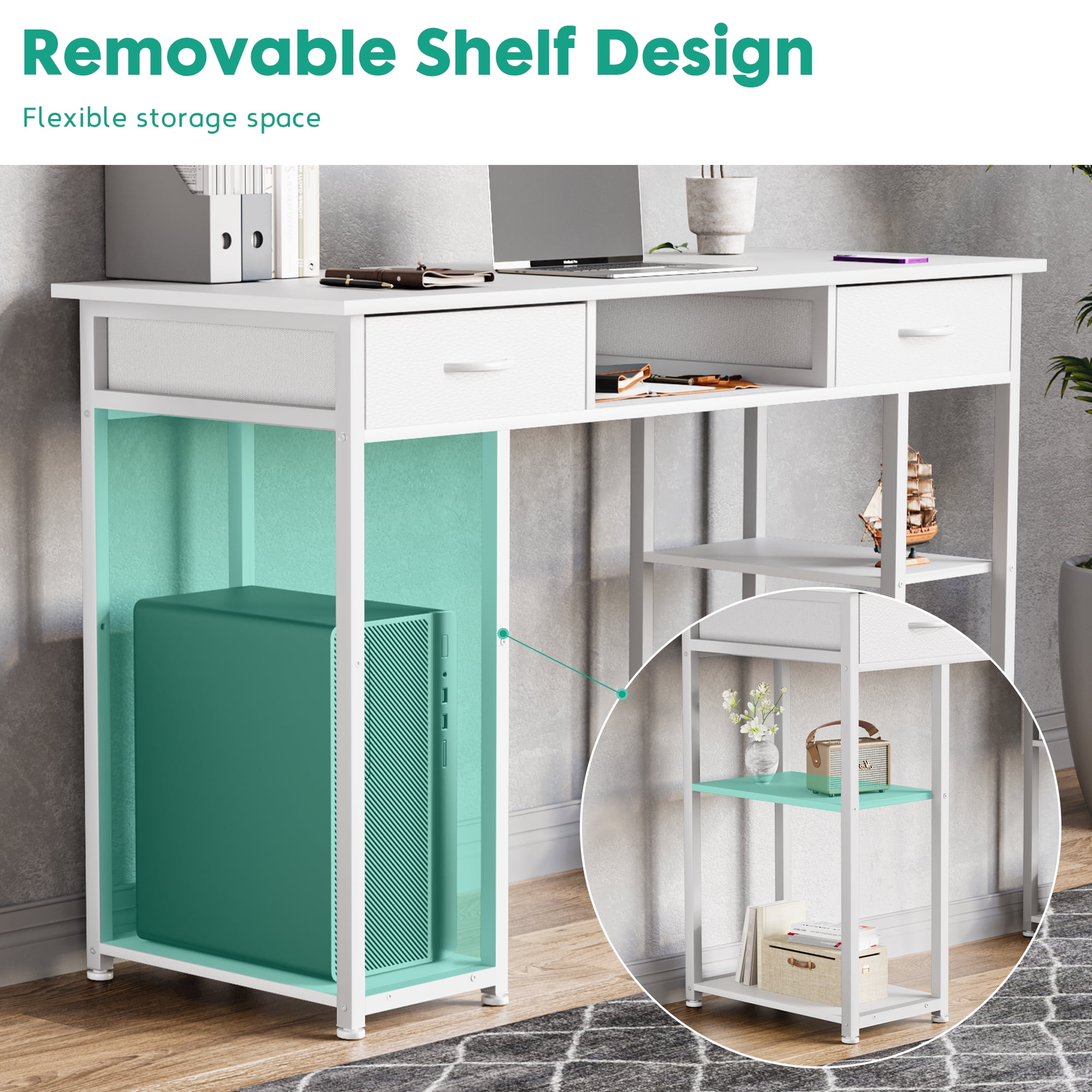 CONCETTA 48 inch Small Desk with Fabric Drawers & Storage Shelves