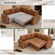 LLappuil 76 x 76 Sectional Sofa, Sectional Couch with Pull Out Sofa Bed Twin Size, 4 Seat Sofa Couch with Cup Holders & Side Pocket Convertible Sofa Bed for Living Room, Foil Fabric Brown