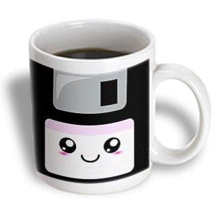 3dRose Kawaii Cute Happy Floppy Disk - Retro computer Nerd - Japanese Anime Smiley cartoon with pink label, Ceramic Mug, 11-ounce