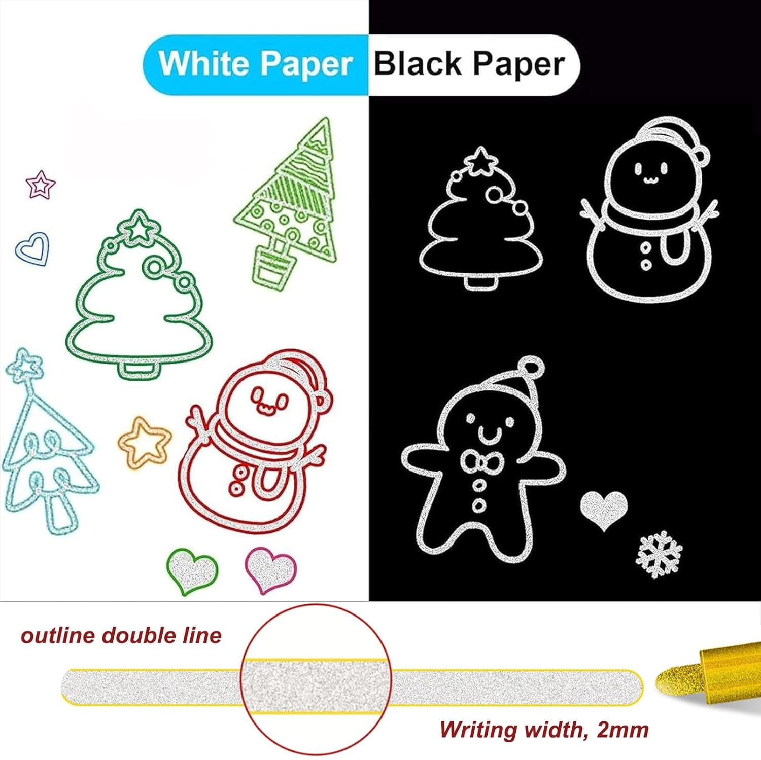 Dual Line Outline Markers Metallic Glitter, Self Outlining Pens with 2–3mm Tips, Waterproof Art Markers for Drawing Lettering Journaling Crafts Students DIY (K)