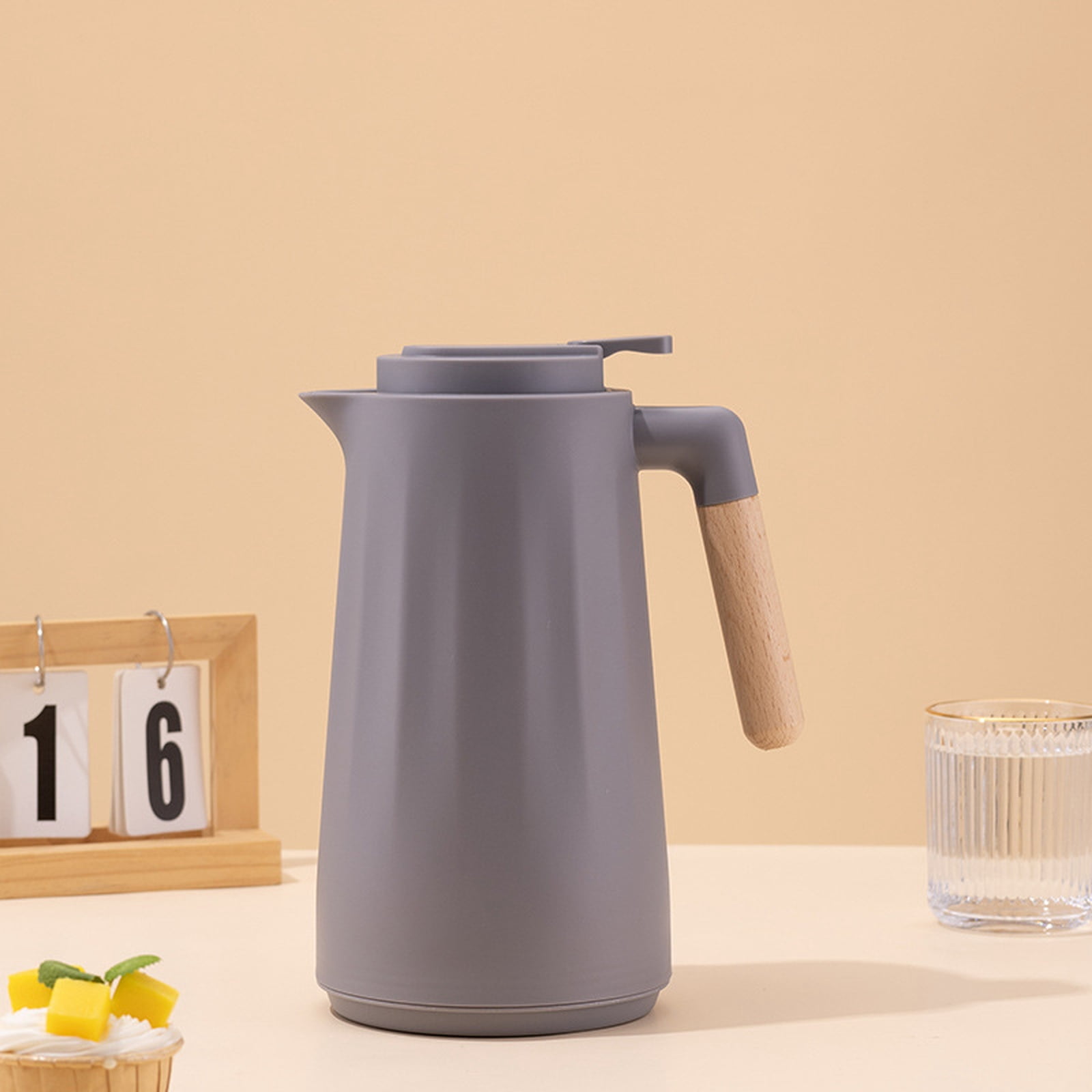 Home Use Glass Lined Insulated Coffee Carafe With Wooden Handle, Large Capacity Thermal Pitcher For Office Kitchen Hot Water,Gray