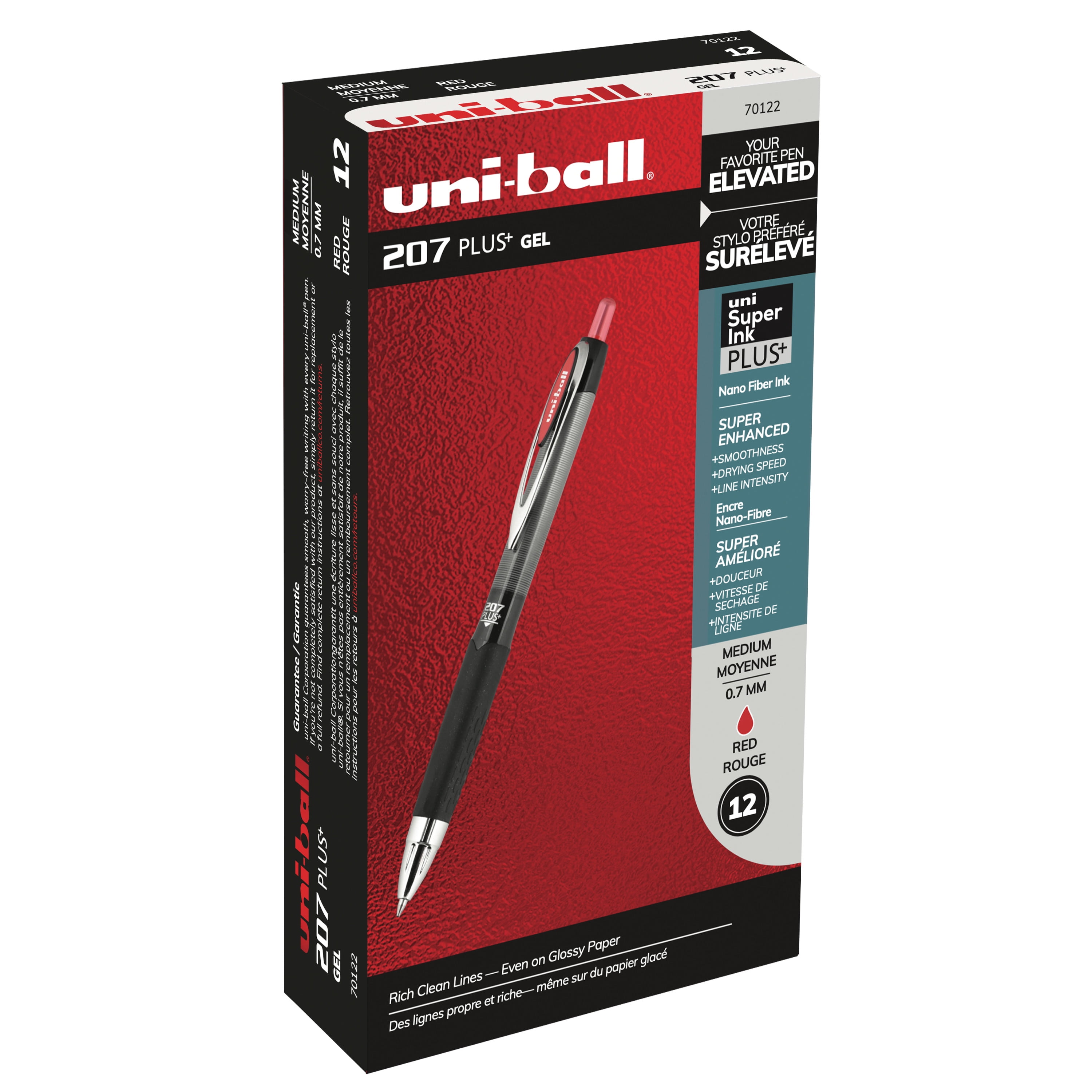 Uni-ball 207 Plus Retractable Gel Pens, Medium Point (0.7 mm), Red, 12 Count