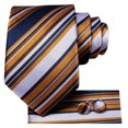 thumbnail image 3 of Hi-Tie Men's Navy Gold and White Striped Silk Tie Set Pocket Square Cufflinks for Wedding, 3 of 6