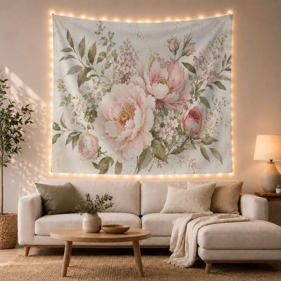 Peony & Foliage Botanical Art in Serene Romantic Vintage for Flower Lovers, Floral Wall Decor, Mother's Day Gift Tapestry Wall Hanging for Bedroom and Living Room