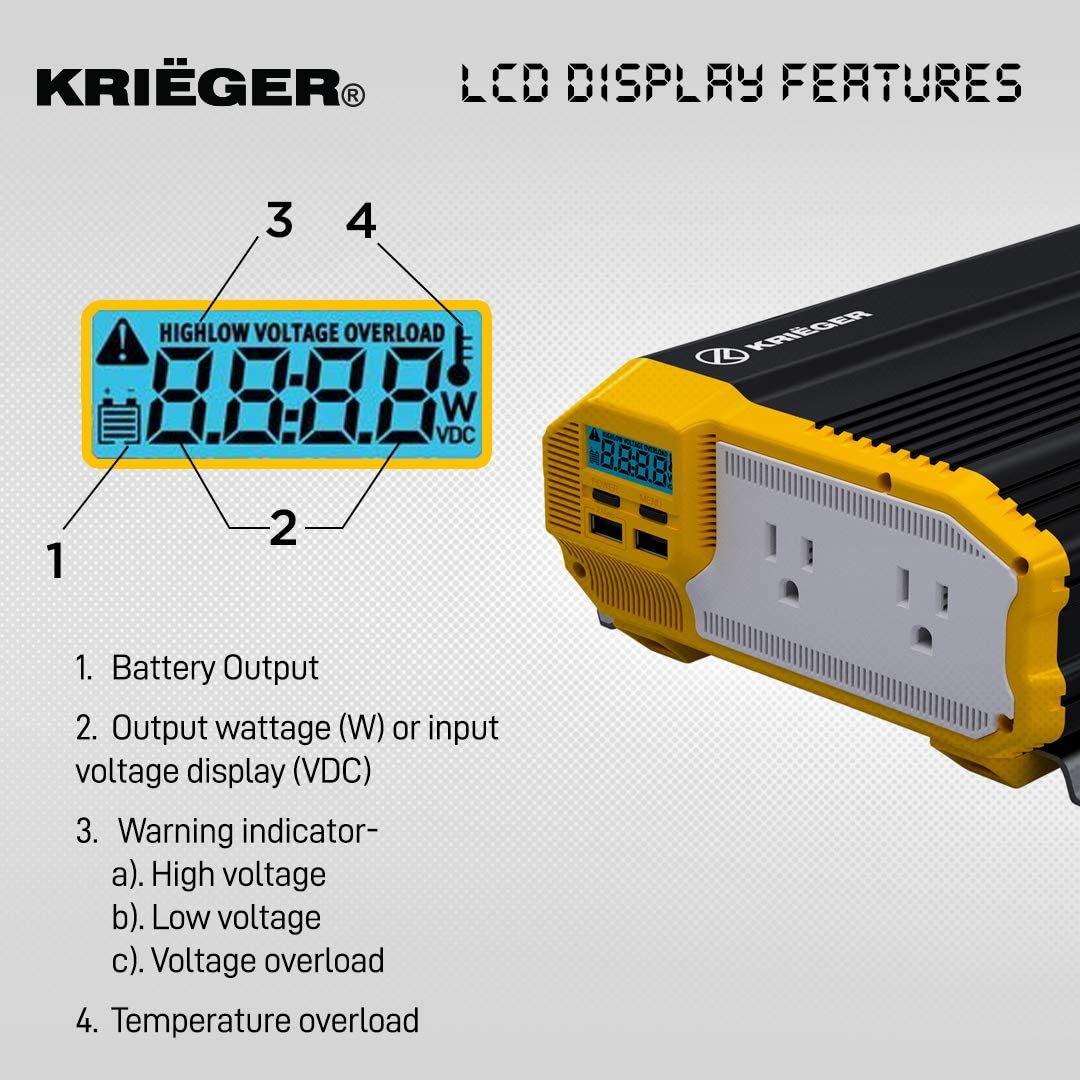KRIEGER KR1100 12V/110VAC 1100-Watt Continuous 6000-Watt Surge Power Inverter