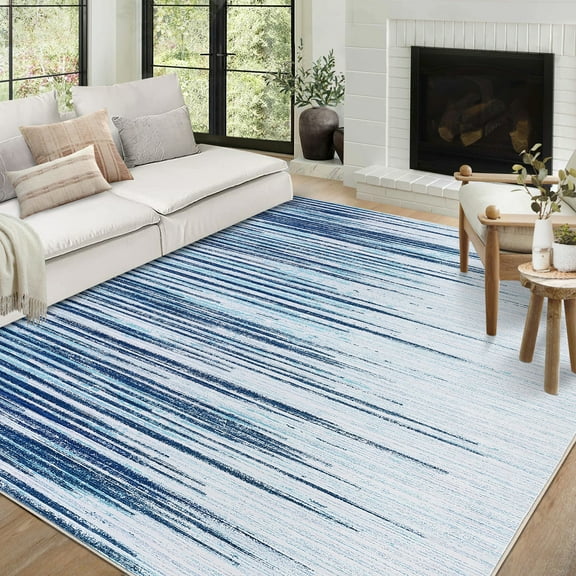 FairOnly 8' x 10' Modern Stripe Indoor Carpet for Office Living Room Bedroom Washable Rug Soft Low Pile Area Rug, Blue