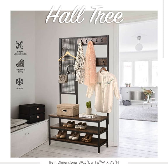 Hall Tree Grid Wall Coat Rack Shoe Bench Wood - Entryway Storage Shelf Organizer