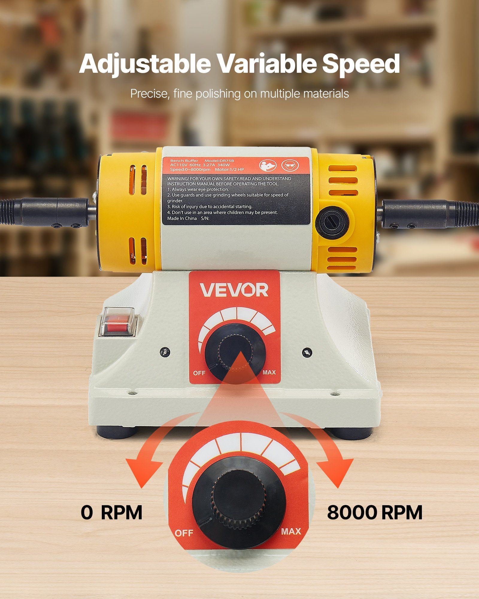 1/2HP Bench Buffer Polisher with 0–8000 RPM Stepless Speed Control, Compact Benchtop Buffing Machine with 3-Inch & 4-Inch Wheels, Complete Polishing Kit for Metal, Wood, and Jewelry Finishing