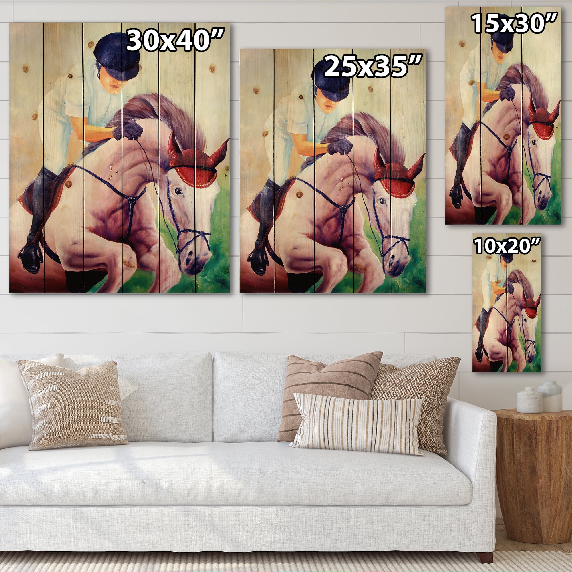 Designart 'Jockey On Galoping Pink Horse' Farmhouse Print on Natural Pine Wood
