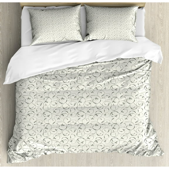 Spring Duvet Cover Set Queen Size, Curvy Swirling Flower Twigs Leaves and Petals Scroll Revival Pattern, Decorative 3 Piece Bedding Set with 2 Pillow Shams, Grey Green and Off White, by Ambesonne