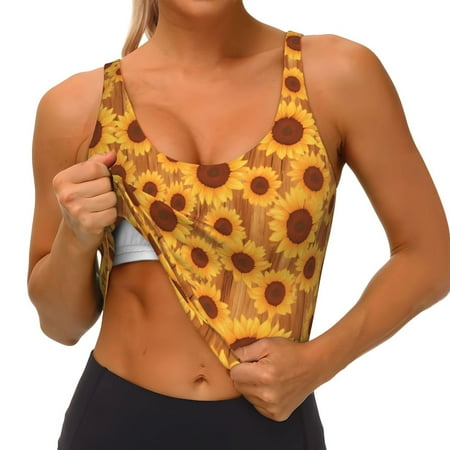 Qokaie Brown Wood Grain Sunflower A Pattern Womens Scoop Neck Sports Bra Breathable Workout Vest Padded U Back Medium Impact Fitness Gym Yoga Bra Workout Crop Top