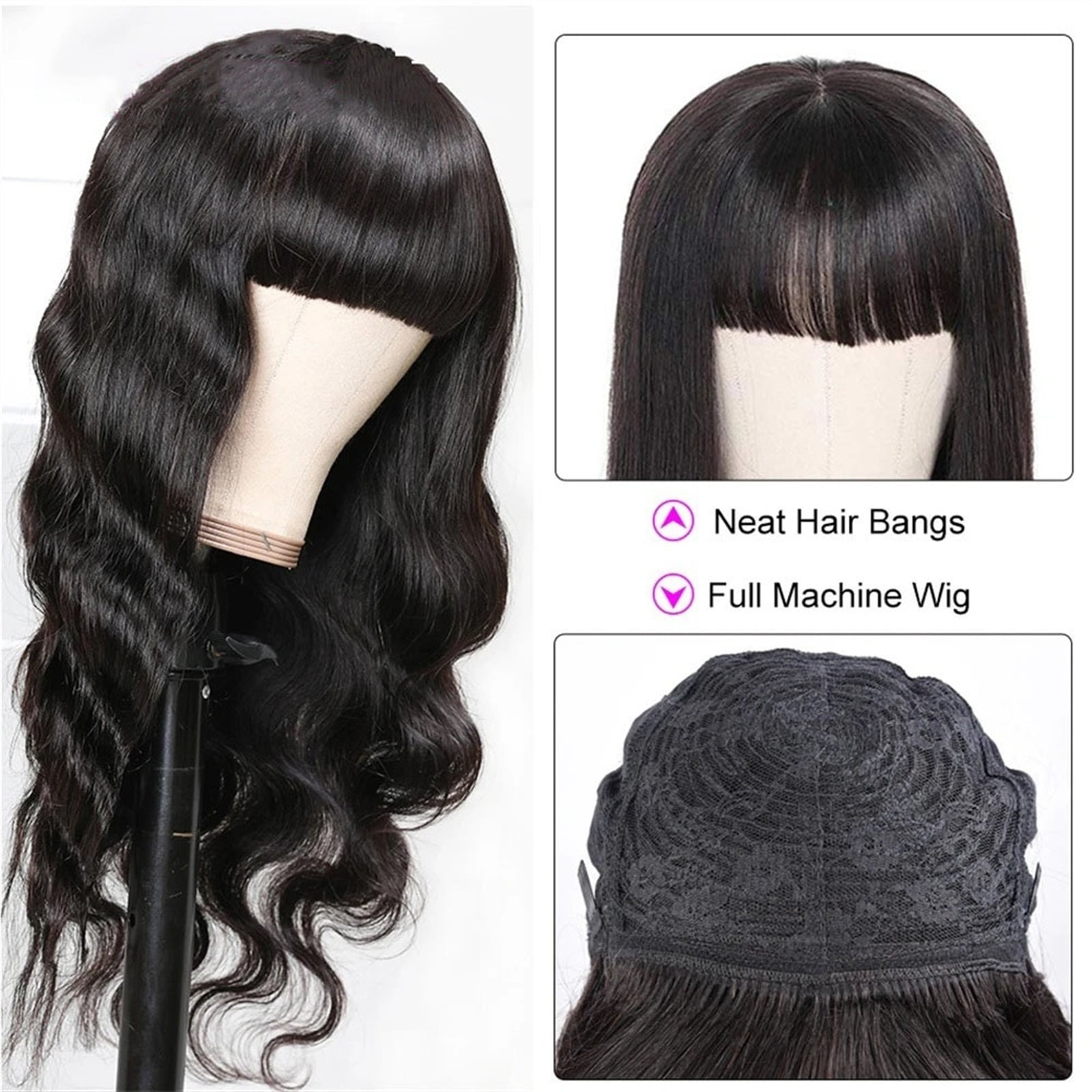 Wig with Bangs Human Hair Body Wave None Lace Front Wigs for Black Women 14-40 Inch Long Glueless Full Machine Remy Hair Wig, Natural Color