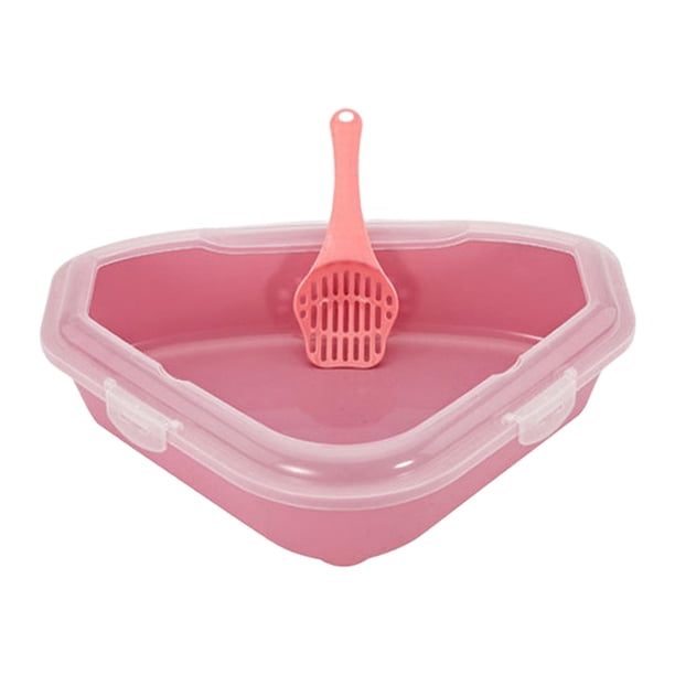 Bandeja sanitaria triangular abierta para gatos, antisalpicaduras, de perfil bajo, para gatos de esquina Rosa