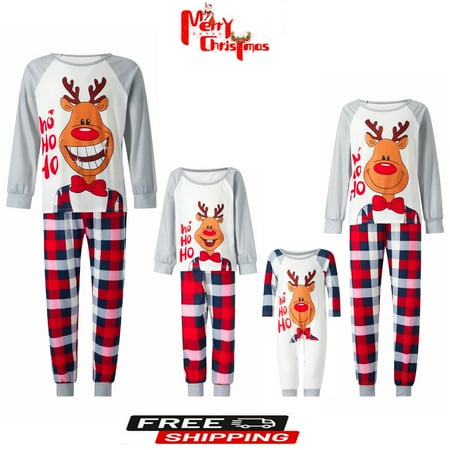 

Gueuusu Christmas Pajamas For Family Round Neck Long Sleeve Elk Lettering Pattern Tops Shirt Pants Baby Romper Jumpsuit Pajamas