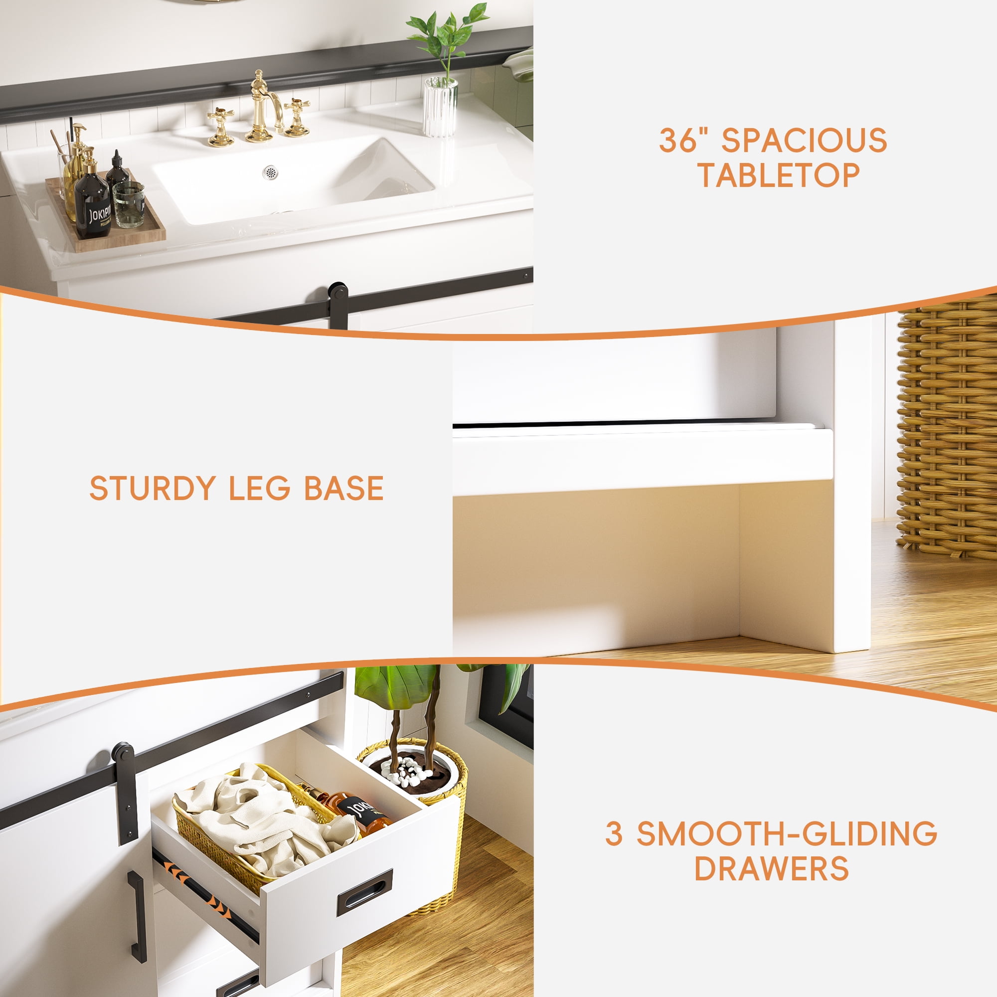 Zidtia 36" Bathroom Vanity Set with Sink, Storage Cabinet with Drawers & Sliding Door, Features Metal Handles, Easy Assembly, White